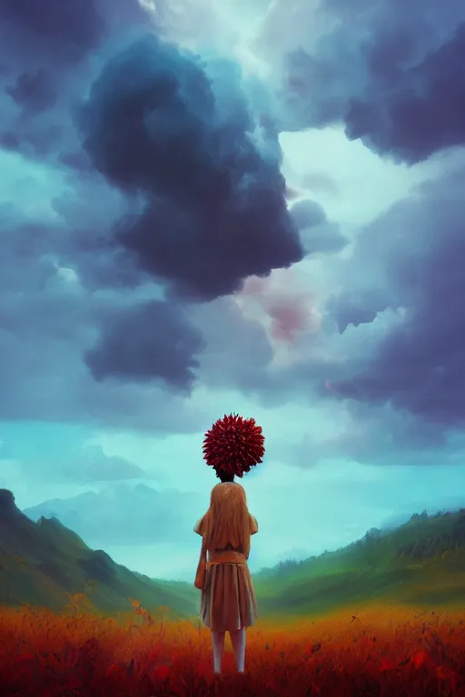 Image similar to closeup giant dahlia flower as head, girl standing on mountain, surreal photography, blue storm clouds, dramatic light, impressionist painting, digital painting, artstation, simon stalenhag