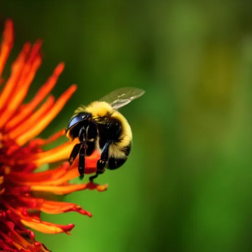 Prompt: a bee landing on a flower on fire, the forest is on fire, there is fire everywhere, macro photography