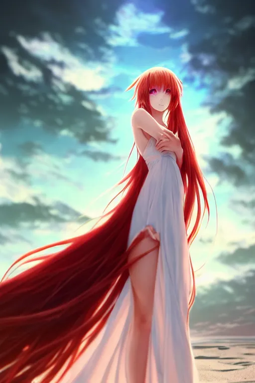 Image similar to Dark infrared octane render panoramic shot of a beautiful anime girl in a long white dress on a beach. Red hair, dramatic lighting, trending on artstation. Pixiv, Hyperdetailed, Ultra HD, WLOP, Rossdraws, James Jean Marc Simonetti, Ruan Jia and Mandy Jurgens and Artgerm and William-Adolphe Bouguerea, Sakimichan, Yuru camp, Illustration, digital art, concept art, manga cover