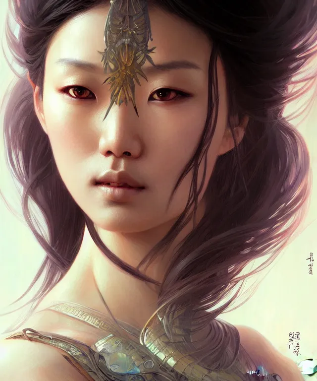 Prompt: Asian woman portrait, sci-fi, amber eyes, face, long hair, fantasy, intricate, elegant, highly detailed, digital painting, artstation, concept art, smooth, sharp focus, illustration, art by artgerm and greg rutkowski and alphonse mucha