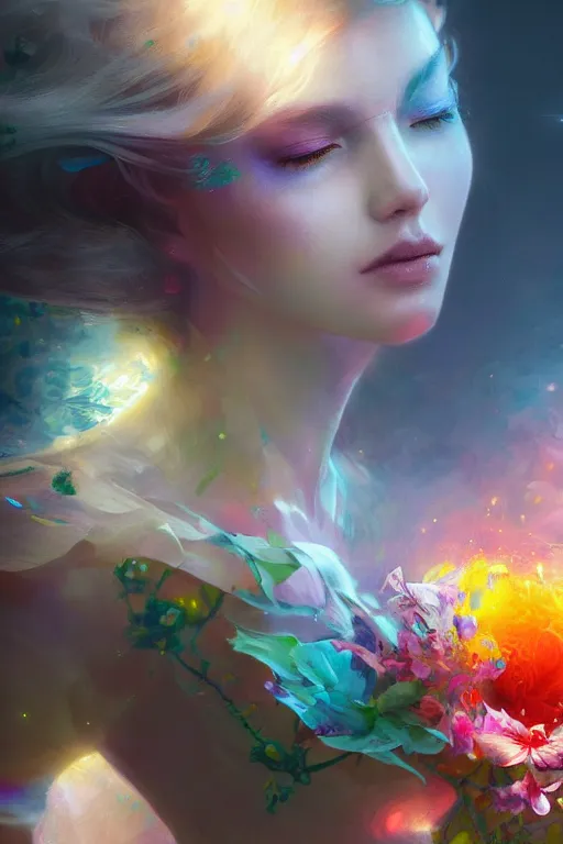 Image similar to beautiful girl necromancer covered with rainbow, 3 d render, hyper realistic detailed portrait, holding magic flowers, ruan jia, wlop. scifi, fantasy, hyper detailed, octane render, concept art, peter mohrbacher