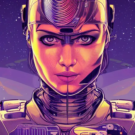Prompt: a portrait of a female android, by Dan Mumford and Sandra Chevrier, 4k