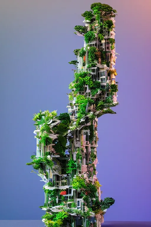 Image similar to 3 d printed physical model organic flowy including more than one city into one vertical building model that sits on a table in a room with a view back, multiple stories, transparent, with vegetation, colorful, eye - level view, 8 0 k, octane render, highly detailed 3 d render,