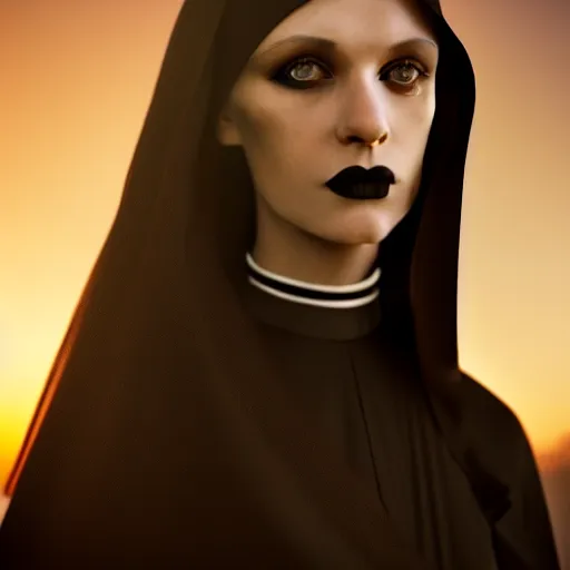 Image similar to photographic portrait of a stunningly beautiful goth nun female in soft dreamy light at sunset, contemporary fashion shoot, by edward robert hughes, annie leibovitz and steve mccurry, david lazar, jimmy nelsson, breathtaking, 8 k resolution, extremely detailed, beautiful, establishing shot, artistic, hyperrealistic, beautiful face, octane render