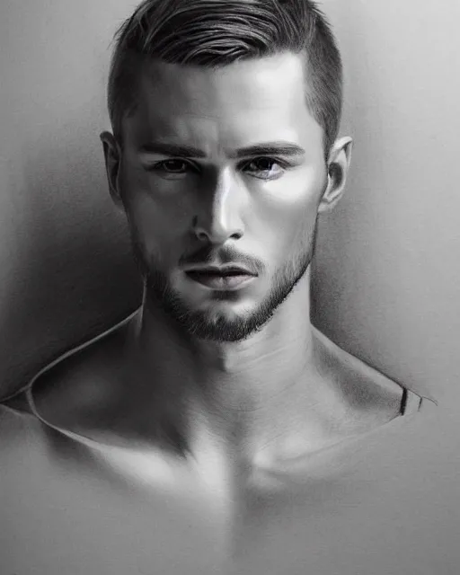 Image similar to pencil drawing of beautiful russian man, hyper realistic face, in the style of greg rutkowski, fantasy, amazing detail, epic, elegant, smooth, sharp focus, from the front