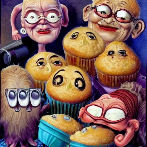 Prompt: beautiful lifelike painting of my name is grandma personas and i will not settle for these poorly made muffins, hyperreal detailed facial features and uv lighting, art by ed roth and basil wolverton