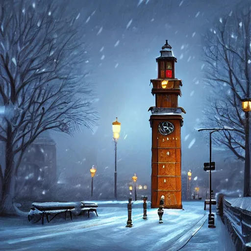 Image similar to clock tower ,inspired by Evgeny Lushpin,winter,night time,cinematic,art station