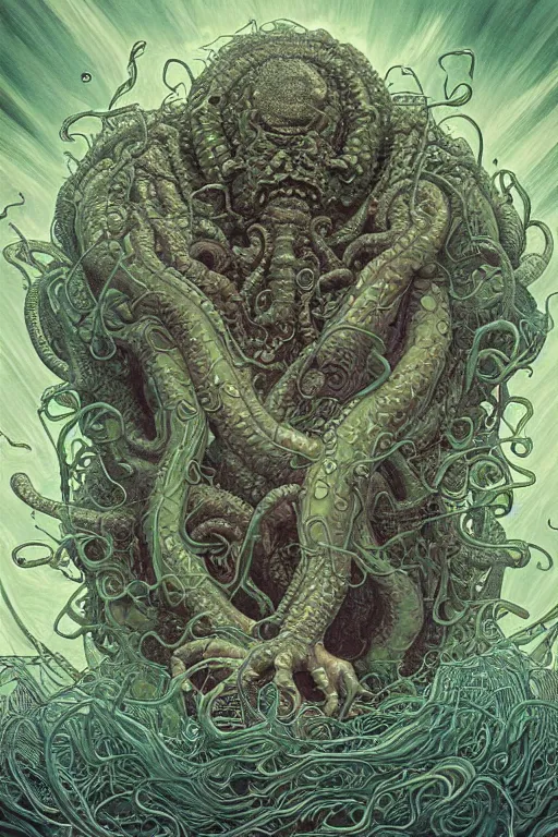 Image similar to cthulhu and a young chubby mexican man with curly hair, by artgerm and yoshitaka amano and moebius and hr giger and zdislaw beksinski and alphonse mucha, hyperdetailed, symmetry, glamour, surreal, dc comics, ornate, stunning, nebula, explosions in the sky, trending on artstation