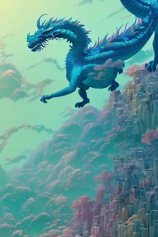 Prompt: a beautiful hyperdetailed character design 4 k wallpaper illustration of a huge cyan dragon, victo ngai style, from china, style of studio ghibli, makoto shinkai, raphael lacoste, louis comfort tiffany, denoise, deblurring, artgerm, xision, james jean, ross tran, chinese style