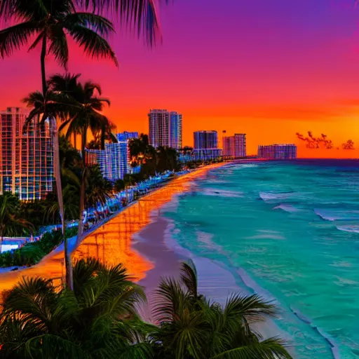 Prompt: miami beach at sunset, 4 k, high detail, high - resolution photograph, professional photography, ultra - detail