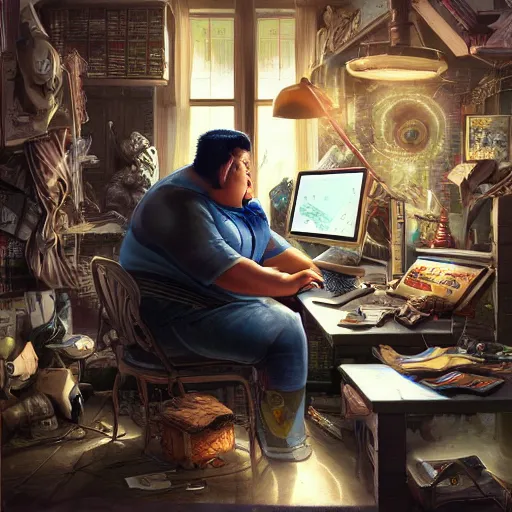 Image similar to an insanely detailed painting of a chubby asian man wearing a homemade superhero costumed, sitting at a computer desk typing on the keyboard, in the style of peter mohrbacher, dramatic lighting and composition, trending on artstation, concept art, comic book, graphic novel