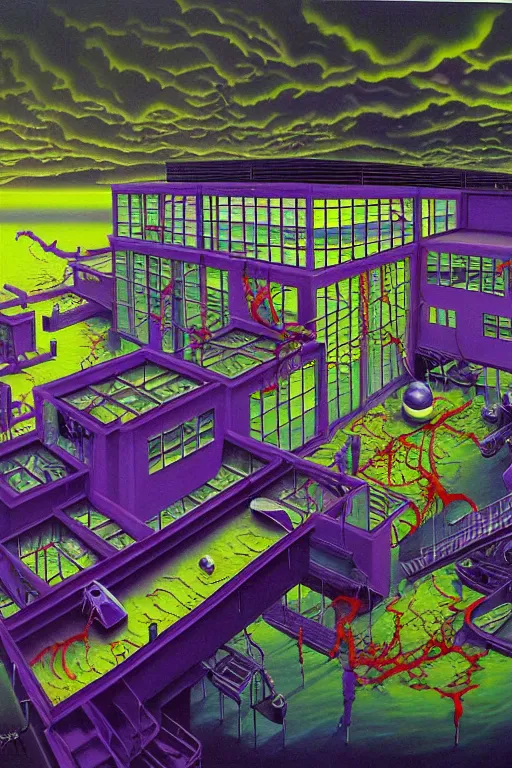 Image similar to a hyperrealistic painting of plumb island biohazard research facility, cinematic horror by jimmy alonzo, the art of skinner, chris cunningham, lisa frank, richard corben, highly detailed, vivid color,