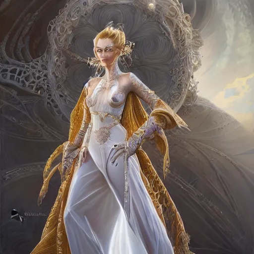 Image similar to a beautiful woman wearing white kaftan with golden ornaments by alex gray and android jones , Karol Bak, Ayami Kojima, Amano , concept art, character design, fantasy,3D, 8k resolution