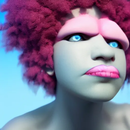 Prompt: a cyclops girl with a blue eye. pink afro hair. big mouth. 4k. ultrarealistic. render in octane