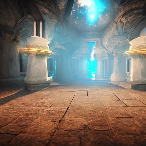 Prompt: arcane teleportation pad, realistic lighting, bloom, unreal engine, cinema, particles