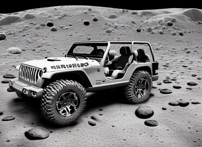 Prompt: Jeep driving across the moon, Professional Photography, Off-roading, Lunar landscape, dirt, cinematic color, photorealistic, highly detailed wheels, highly detailed, sharp, stunning, dynamic