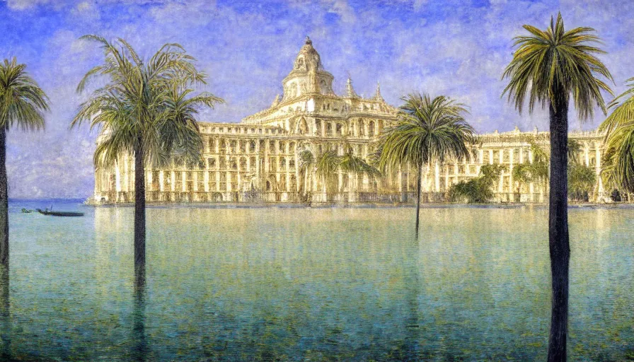 Image similar to a ultradetailed beautiful painting of the amazonas palace balustrade designed by jules bastien - lepage, hans belmer, frank weston and gustave baumann, beach, trending on artstation, mediterranean, palm trees, refracted color sparkles, sharp focus, soft light, 8 k 4 k