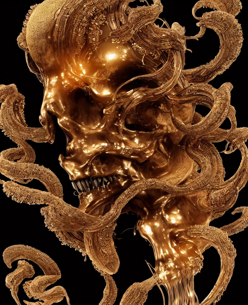 Image similar to black background. goddess princess face close-up portrait ram skull. sculpture made of gold and brilliants. jellyfish phoenix head, nautilus, orchid, skull, betta fish, bioluminiscent creatures, intricate artwork by Tooth Wu and wlop and beeple. octane render, trending on artstation, greg rutkowski very coherent symmetrical artwork. cinematic, hyper realism, high detail, octane render, 8k