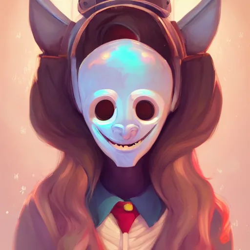 Image similar to a portrait of the happy mask salesman, cute, beautiful, art by lois van baarle and loish and ross tran and rossdraws and sam yang and samdoesarts and artgerm and saruei and disney and wlop, digital art, highly detailed, intricate, sharp focus, trending on artstation hq, deviantart, unreal engine 5, 4 k uhd image