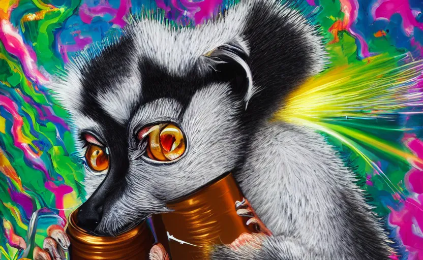 Image similar to a portrait of a lemur holding a can of spray paint and spraying design on a wall, digital painting masterpiece, painted by joji morikawa, by osamu tezuka, by yukito kishiro, by ikuto yamashita, 4 k wallpaper, beautiful, gorgeous