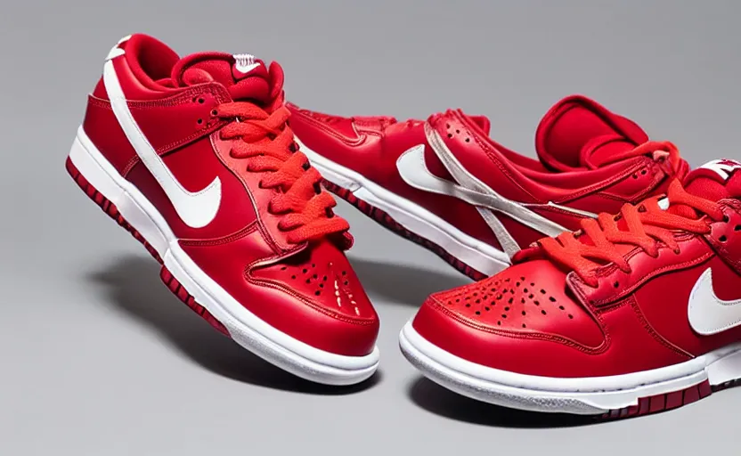 Image similar to a press photograph of nike dunk low red and white, size 1 0, white background