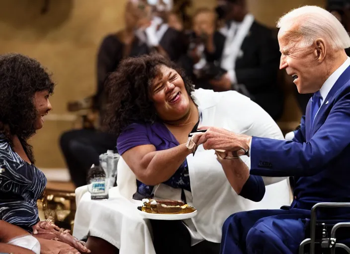 Image similar to Biden in a wheelchair getting spoon-fed by obese black woman, award winning cinematic photography, 50 mm, blurred background, trending on twitter