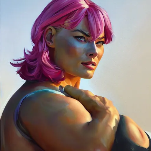 Image similar to greg manchess portrait of margot robbie as very happy thick female bodybuilder zarya from overwatch in disco elysium, epic grimdark, fantasy, medium shot, asymmetrical, profile picture, organic painting, sunny day, matte painting, bold shapes, hard edges, street art, trending on artstation, by huang guangjian and gil elvgren and sachin teng