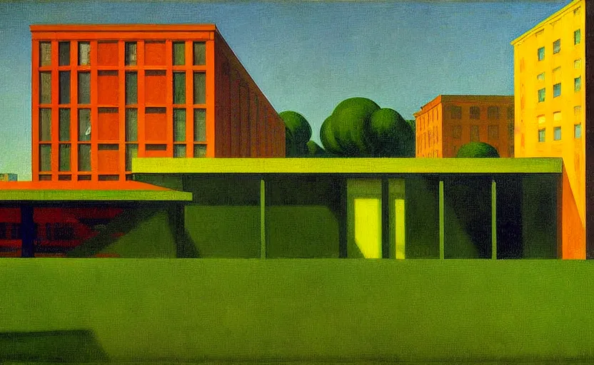 Image similar to geometric painting of industrial buildings surrounded by undergrowth by edward hopper