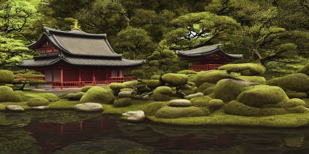 Image similar to a ancient japanese temple in the middle of a forest mear a small river, extremely highly detailed, high quality, 8K HDR, octane render, unreal engine 5, hyperrealistic, concept art, trending on Artstation, dramatic lighting, cinematic, high coherence, path tracing, ruins, clouds in the sky, singular building, centered