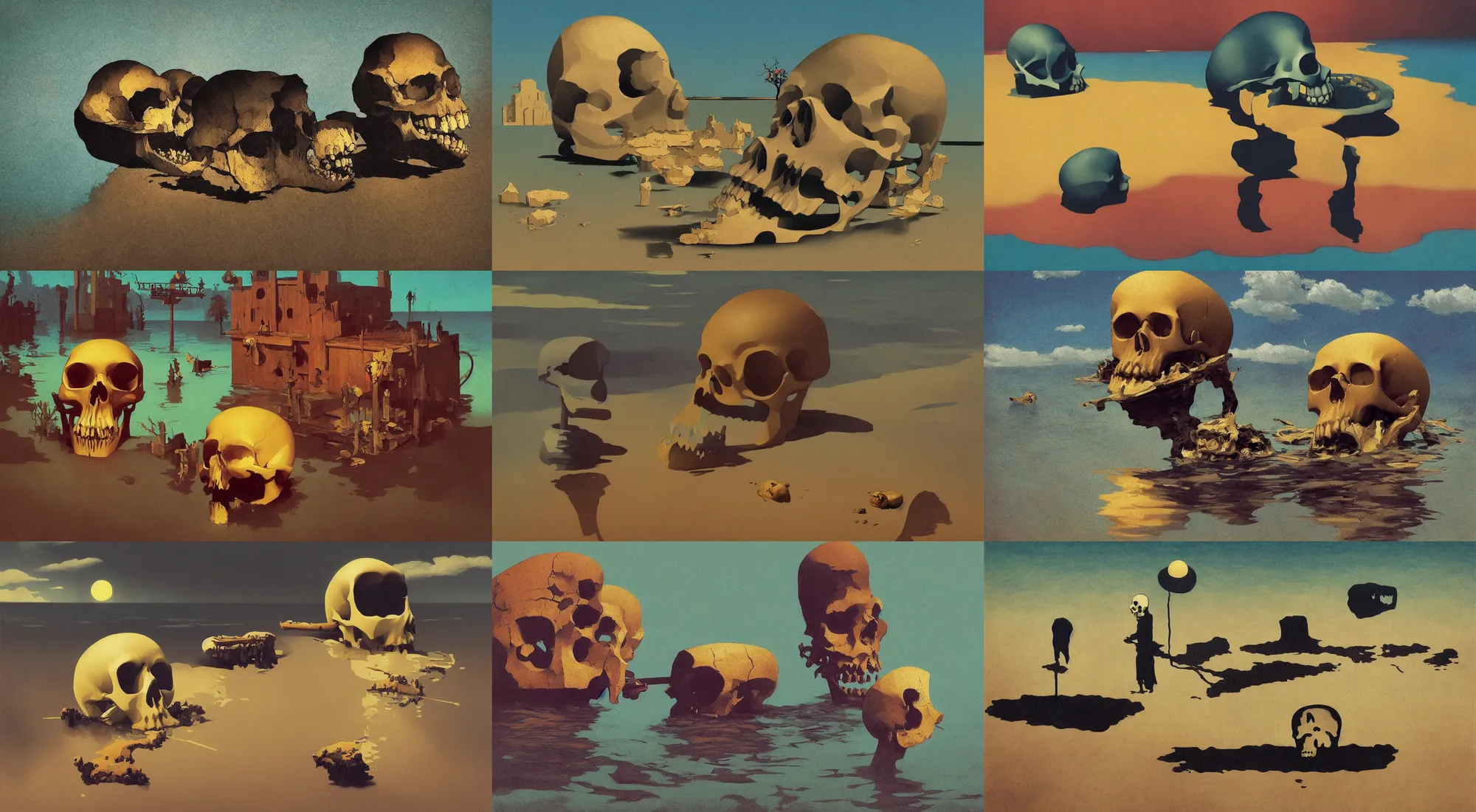 Prompt: single flooded simple wooden skull, very coherent and colorful high contrast!! masterpiece by rene magritte simon stalenhag carl spitzweg syd mead norman rockwell edward hopper james gilleard, minimalist, dark shadows, sunny day, hard lighting