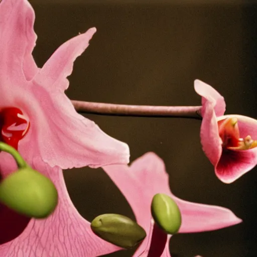 Image similar to a film noir about a killer orchid, color film still