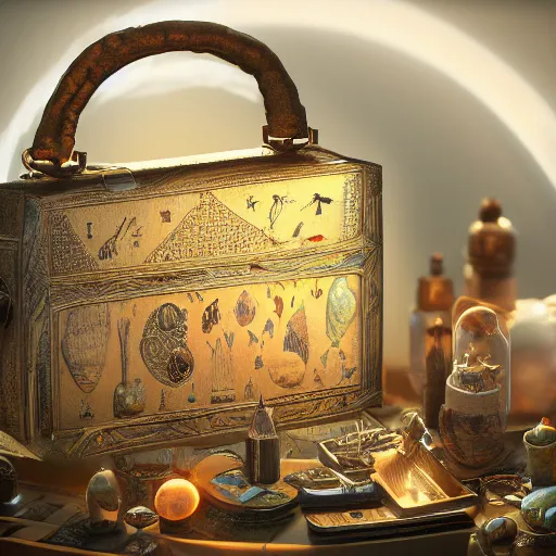 Image similar to universe inside ampoules and alambics in a surreal ancient doctor's bag, intricated detailed, soft painting, depth of field, trending on artstation, 8k, hd, highly detailed, unreal engine 5, artstation, shaders, rays