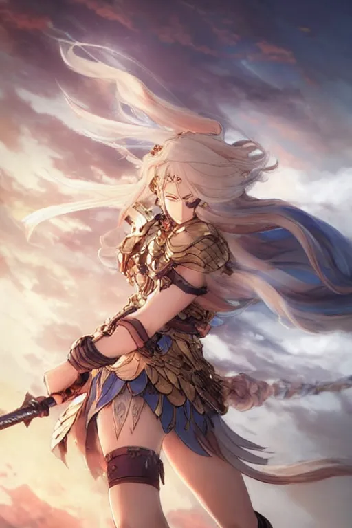 Image similar to beautiful attrative face valkyrie with stormy wind and fire cloud around her, light flowing hair, anime key visual, absurdly beautiful, highly detailed, sharp focus, concept art, granblue fantasy, anime by serafleur / d pin / rongzhen luo / mingdosa / ruan jia / gemi ningen