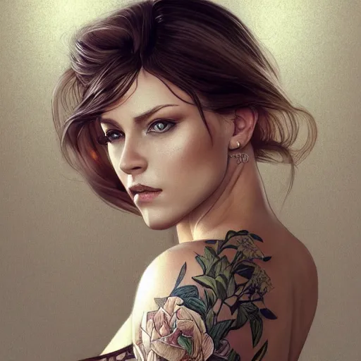 Image similar to ultra realistic illustration, a hot and beautiful tattooed blonde slavic woman in her 3 0's, intricate, elegant, highly detailed, digital painting, artstation, concept art, smooth, sharp focus, illustration, art by artgerm and greg rutkowski and alphonse mucha