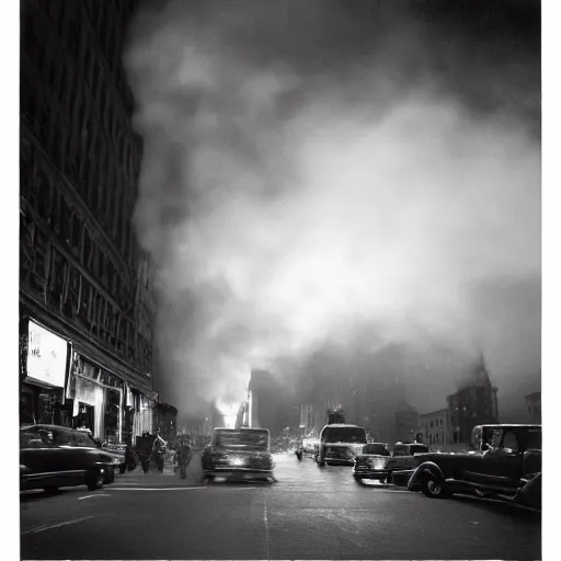 Image similar to a high resolution photo of a new york street at night with an old church on fire surrounded with smoke and cars with bright headlights by robert capa, realistic photo, leica, cinematic lighting, magnum award winning photograph, parallax photography,-W 1024