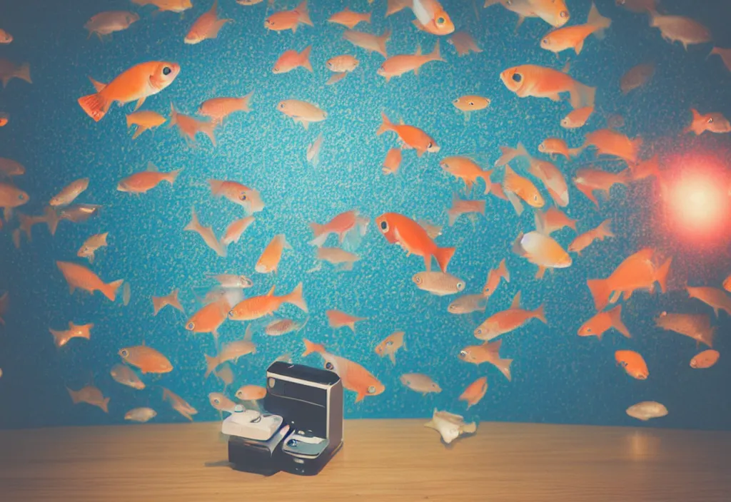 Image similar to fishes popping out of curved movie screen, fishes floating in bedroom, volumetric lighting, sleeping, pair of keycards on table, bokeh, creterion collection, shot on 7 0 mm, instax