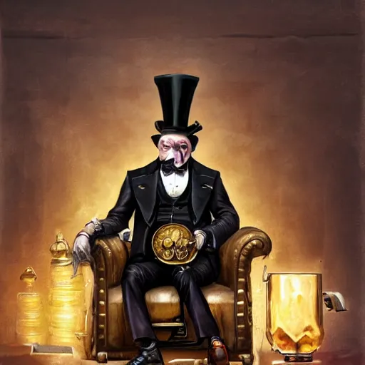 Prompt: oil painting of grumpy rich steampunk penguin, sitting in fancy chair, wearing top hat, holding gold watch, steampunk factory background, sharp focus, fantasy style, octane render, volumetric lighting, 8k high definition, by greg rutkowski, highly detailed, trending on art Station, magic the gathering artwork, centered, deviantart,