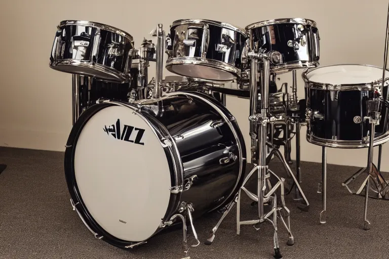 Prompt: photo of a jazz drum kit, vintage cymbals, 8k