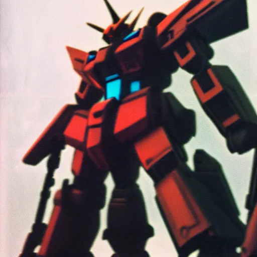 Image similar to “A wide shot of a gigantic Gundam, dreamcore aesthetic, taken with a Pentax K1000, Expired Burned Film from 1930s, Softbox Lighting, 85mm Lens”