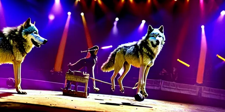 Prompt: wolves perfoming in the circus. long shot.