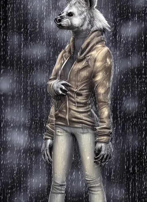 Image similar to digital artwork of anthromorphic hyena female, fursona, furry fandom, rainy cyberpunk setting, anthro, wearing large raincoat, detailed face,