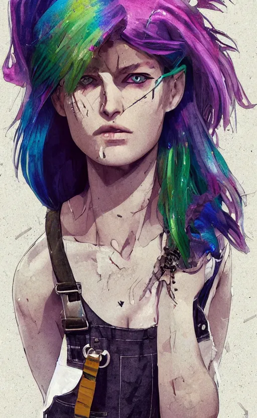 Prompt: a grungy paper woman with rainbow hair, drunk, angry, soft eyes and narrow chin, dainty figure, long hair straight down, torn overalls, basic white background, side boob, symmetrical, single person, style of by Jordan Grimmer and greg rutkowski, crisp lines and color,