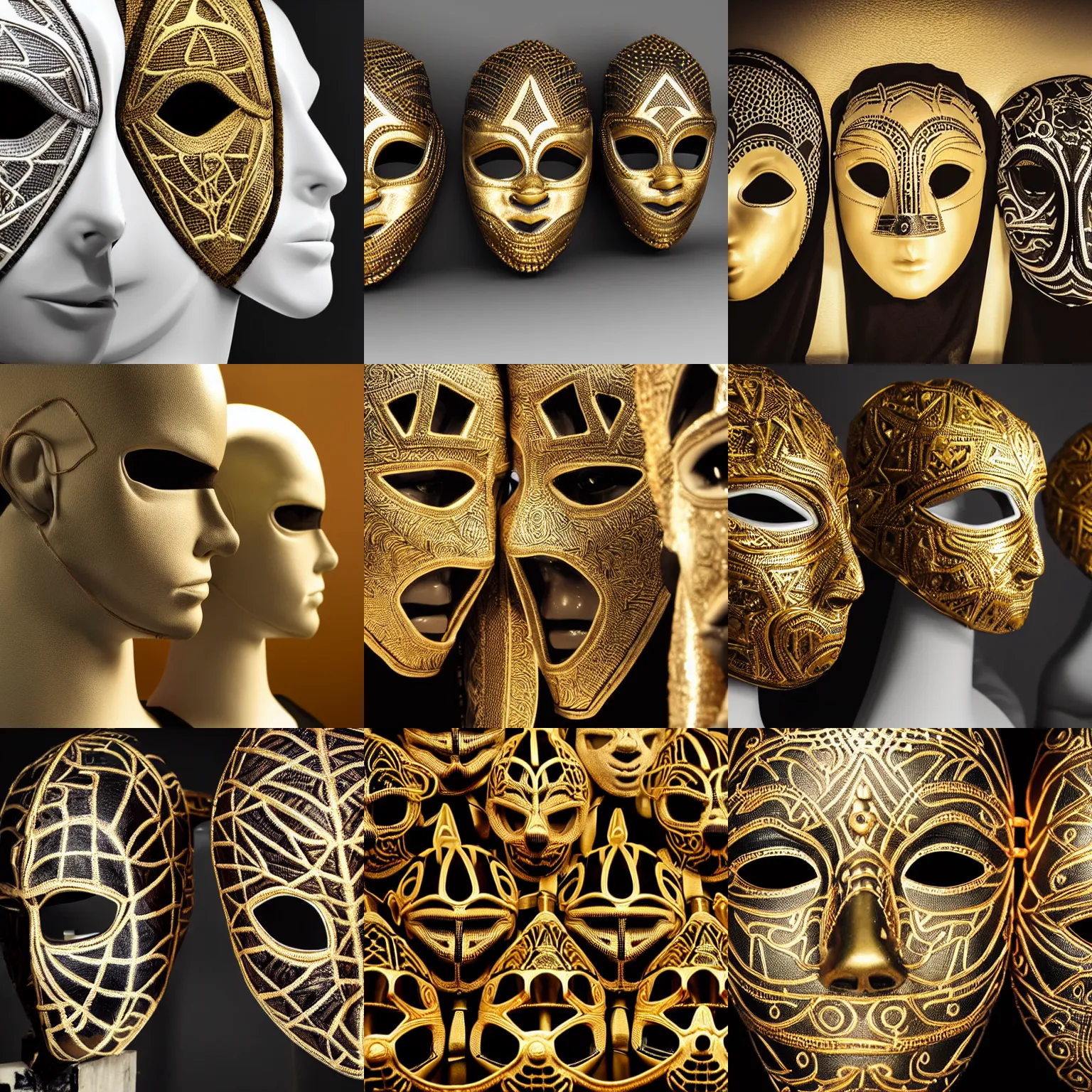 Prompt: close-up head to shoulder shot, monochromatic studio photo of thin wrestling masks on mannequin head display, realistic, artistic tribal patterns, insanely intricate details, volumetric golden gothic lighting background