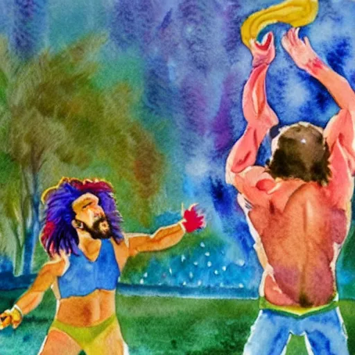 Prompt: watercolour, brightly colored, depicting randy savage hurling a small child into the sky