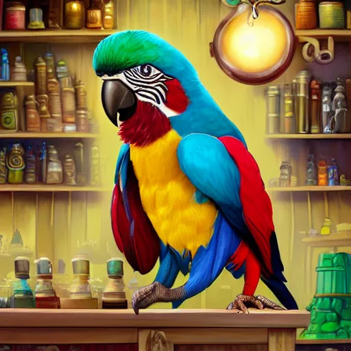 Prompt: Digital art of Anthropomorphized parrot trader in his shop, shelves full, selling a gem, portrait, items, magic potions, carpet, window, fancy funny hat, sly expression , cunning expression, cute expression, presenting magic gem, D&D, fantasy, cinematic lighting, highly detailed, digital painting, artstation, concept art, smooth, sharp focus, illustration, warm light, cozy warm tint, magic the gathering artwork, volumetric lighting, 8k, no gold, no gold colours, art by Akihiko Yoshida and Greg Rutkowski