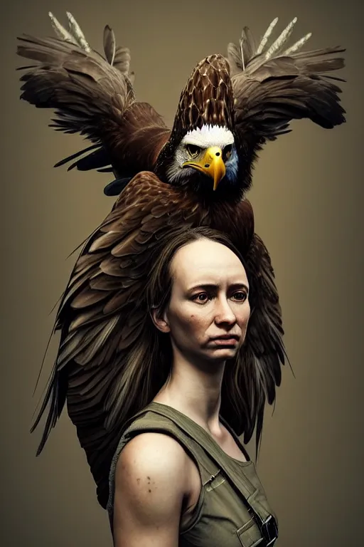 Image similar to epic professional digital portrait of attractive female human - eagle hybrid animal, wearing human air force jumpsuit, humanoid feathered head, eagle beak, by lisa roet, leesha hannigan, wayne haag, iris van herpen, artstation, cgsociety, epic, much wow, much detail, gorgeous, detailed, cinematic, masterpiece