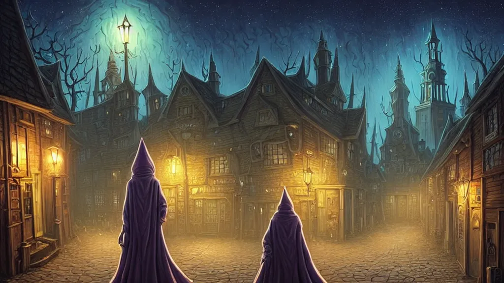 Image similar to lady dressed in long hooded cloak walks in empty lovecraftian town square surrounded by houses and inns.. cthulhu statue.. lovecraftian city at night by cyril rolando and naomi okubo and dan mumford and ricardo bofill.. lovecraft.. cobbled streets.. oil lamp posts.. lovecraftian.. starry night swirly sky.