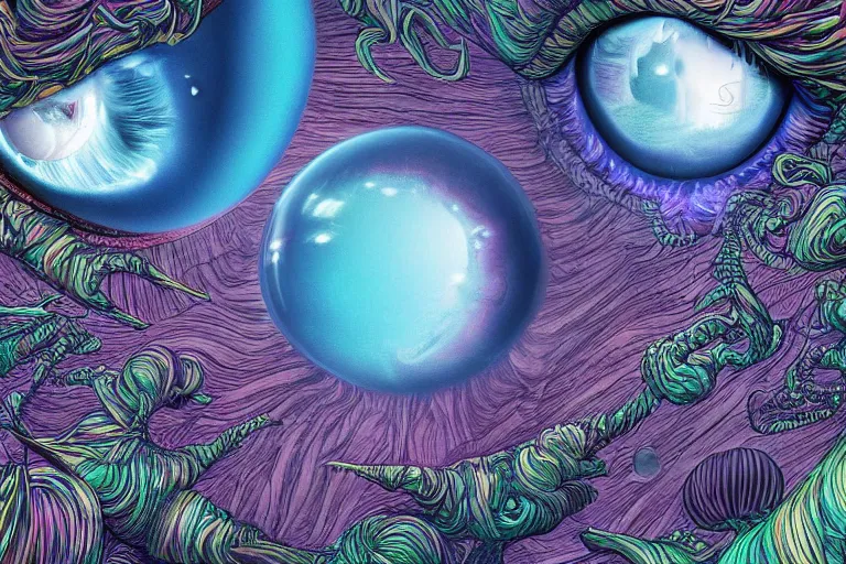 Prompt: highly detailed dreamscape of 3 dimensional highly realistic floating and flying eyeballs of all sizes