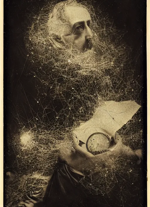 Image similar to old wetplate daguerreotype portrait of the birth of a genius writer, explosion of data fragments, fractal, intricate, elegant, highly detailed, parallax, leica, medium format, subsurface scattering, by jheronimus bosch and greg rutkowski and louis jacques mande daguerre