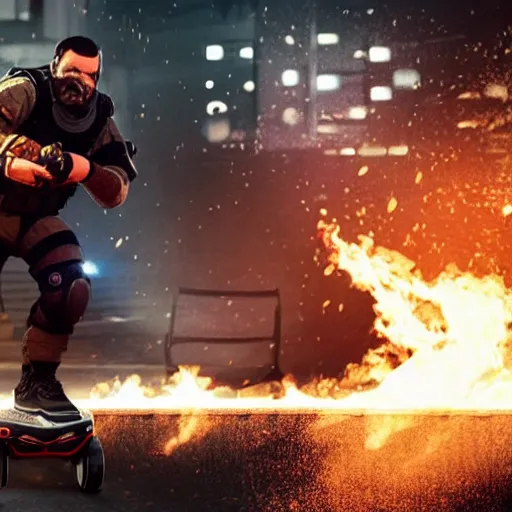 Prompt: Montagne from Rainbow Six Siege standing on a hoverboard leaving behind a trail of flames and explosions